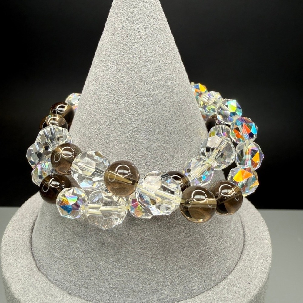 Vintage Strand Bracelet Set of 2 Clear AB and Brown Crystal Glass Beads Glam 6"